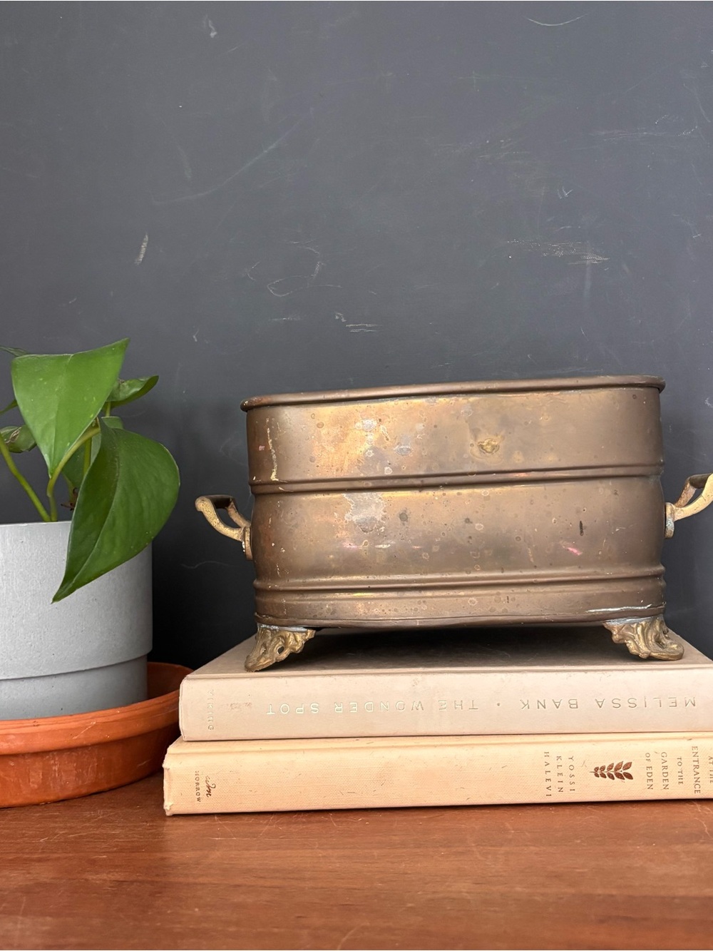 Vintage Brass Footed Planter - Brown Brass Finish